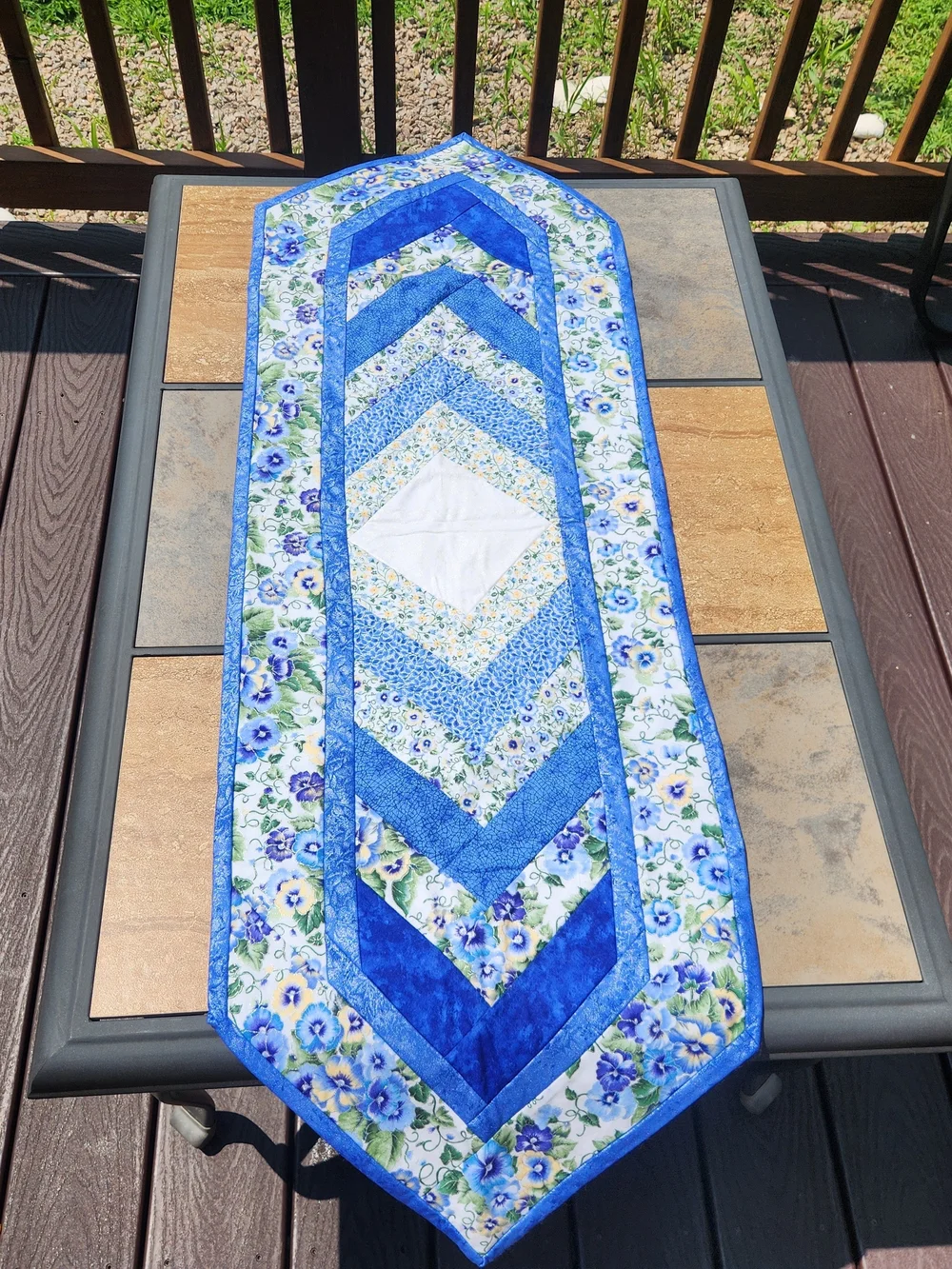 Handcrafted Blue & White Floral Quilted Reversible Table Runner with Pansies